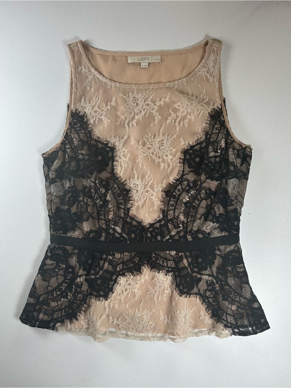 LOFT Petite Black Lace Illusion Peplum Sleeveless Blouse Top Size 8P